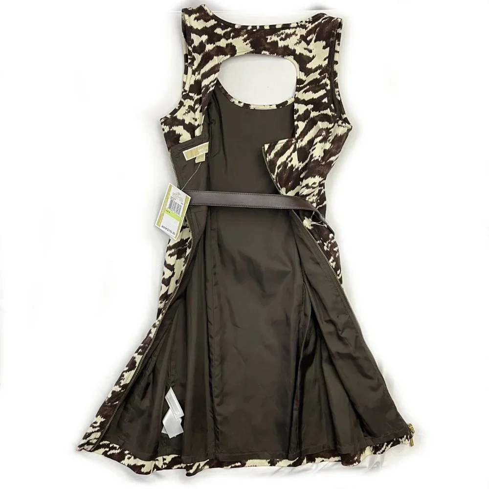 NEW Michael Kors Size 4 Brown Ivory Belted Cut Out Zip Cotton Blend Dress $150